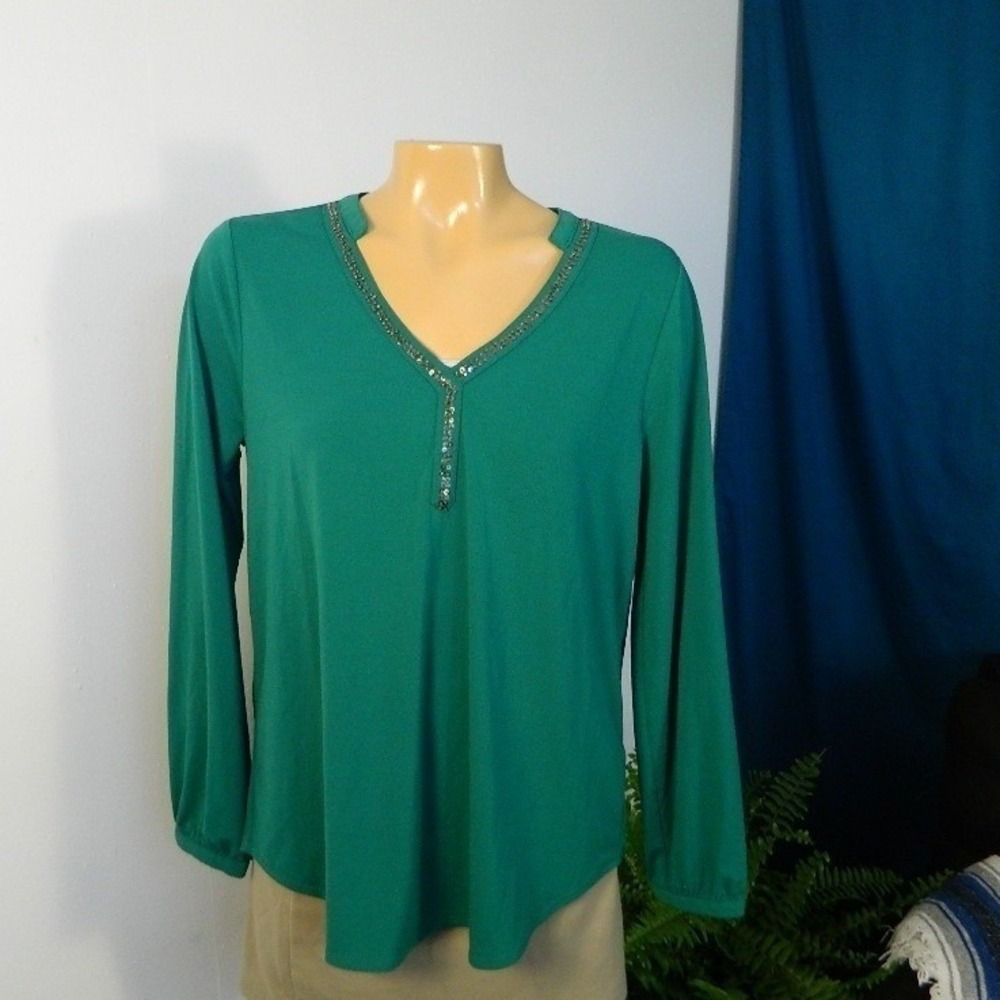 Melissa Paige Blouse Womens Medium Green Sequin Split V-Neck Long Sleeve Stretch